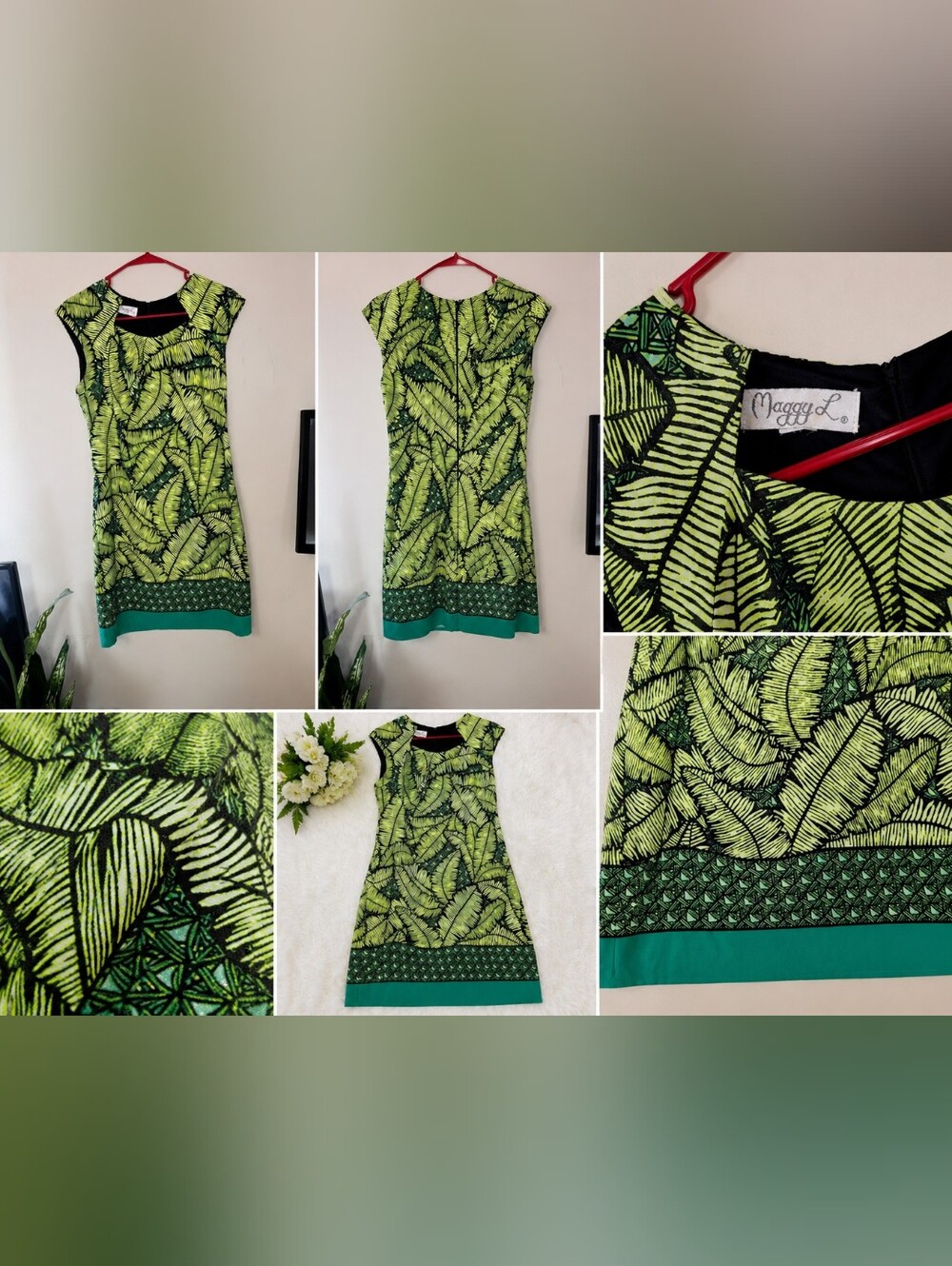 Maggy London Green Leaf-Print Cap Sleeve Midi Dress